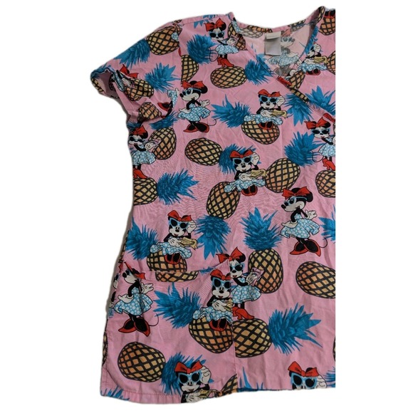 Disney Minnie Mouse Pineapple Womens XL Scrub Top Nurse Medical Uniform Pink - Picture 3 of 6